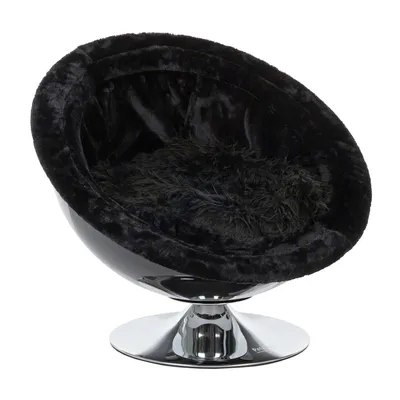 Black, round chair with shiny chrome base and soft plush upholstery.