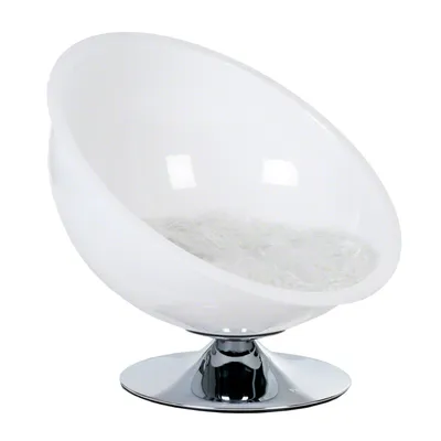 Round white pet bed with transparent plastic frame, soft faux fur cover and chrome metal base.