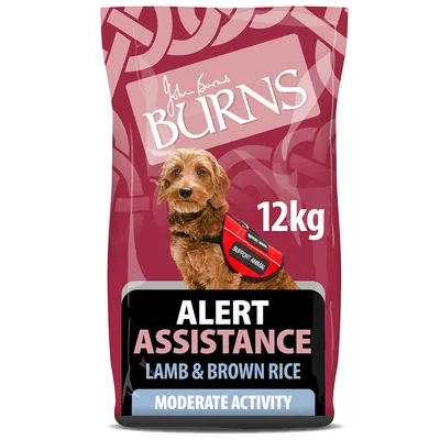 Burns 12kg bag labelled Alert Assistance, Lamb & Brown Rice, Moderate Activity, with a support animal wearing a red vest shown on the packaging.