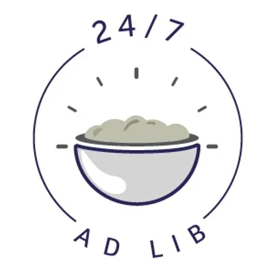 Icono de un cuenco de comida con texto visible: 24/7 AD LIB, indicando disponibilidad continua. Texto en inglés.