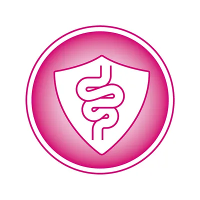 Pictogramă roz cu scut și simbol stilizat de tract digestiv. Nu conține text.