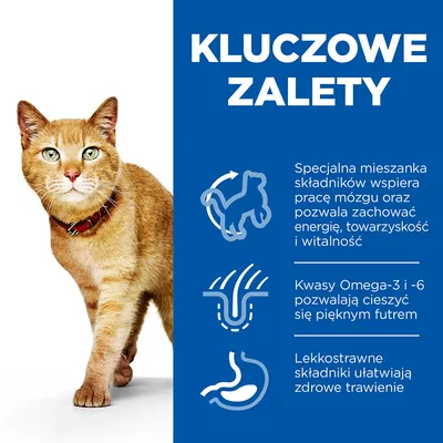 Kluczowe zalety: specjalna mieszanka składników wspiera pracę mózgu, energię i witalność; kwasy Omega-3 i -6 dla pięknego futra; lekkostrawne składniki ułatwiają trawienie.