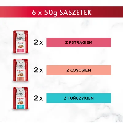 Zestaw 6 x 50 g saszetek Gourmet Mon Petit Intense: 2 z pstrągiem, 2 z łososiem, 2 z tuńczykiem. Widoczne opakowania każdej wersji smakowej.