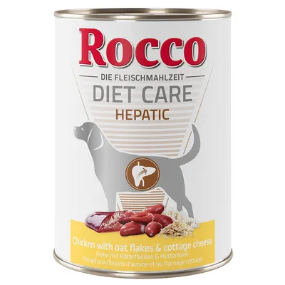 Rocco Diet Care Hepatic, lattina con immagine di cane e ingredienti visibili: fegato, fiocchi d’avena, cottage cheese. Testo: Chicken with oat flakes & cottage cheese.
