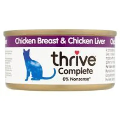 thrive Complete Chicken Breast & Chicken Liver, 0% Nonsense – puszka karmy dla kotów z piersią i wątrobą kurczaka, widoczny niebieski kot na etykiecie