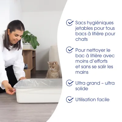 Une femme place un sac hygiénique dans une litière pour chat. Texte : Sacs hygiéniques jetables, nettoyage sans se salir les mains, ultra grands et solides, utilisation facile. Une femme place un sac hygiénique dans une litière pour chat. Texte : Sacs hygiéniques jetables, nettoyage sans se salir les mains, ultra grands et solides, utilisation facile.