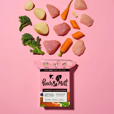 Turkey, chicken, potatoes, carrots, broccoli and a supplement tablet shown above a Pooch & Mutt Turkey & Chicken complete wet food pack with squeeze, tear, open instructions.