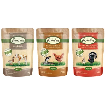 Lukullus Nassfutter für Hunde: Ente & Kalb, Lachs & Huhn, Wildkaninchen & Truthahn. Packungsgrösse 300g, Adult. Mit natürlichen Zutaten und ohne künstliche Zusätze.