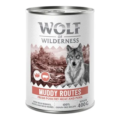 Wolf of Wilderness wet food for seniors, Muddy Routes variety with fresh poultry and pork, 100% grain-free, 400g can.