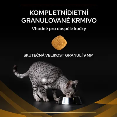 Text: KOMPLETNÍ DIETNÍ GRANULOVANÉ KRMIVO, Vhodné pro dospělé kočky, SKUTEČNÁ VELIKOST GRANULÍ 9 MM. Obrázok granule a mačky pri miske.