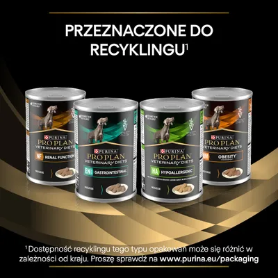 Cztery puszki Purina Pro Plan Veterinary Diets: NF Renal Function, EN Gastrointestinal, HA Hypoallergenic, OM Obesity. Napis: Przeznaczone do recyklingu. Informacja o dostępności na www.purina.eu/packaging