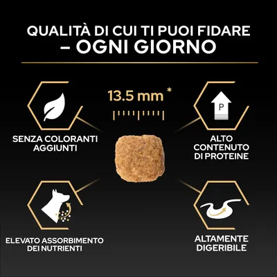 Dimensione delle crocchette 13,5 mm, senza coloranti, alto contenuto proteico, elevato assorbimento dei nutrienti, facilmente digeribile. Testo: Qualità di cui puoi fidarti ogni giorno. Dimensione delle crocchette 13,5 mm, senza coloranti, alto contenuto proteico, elevato assorbimento dei nutrienti, facilmente digeribile. Testo: Qualità di cui puoi fidarti ogni giorno.