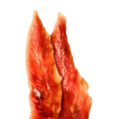 Zwei getrocknete rote Fleischstreifen, vermutlich als Snack oder Kauartikel für Haustiere.
