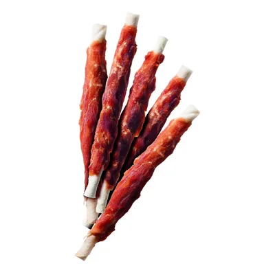 Five chew sticks wrapped in dried meat, shown on a white background.