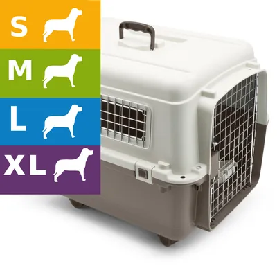 Trasportino per animali con griglia metallica, maniglia superiore e ruote. Tabella taglie: S, M, L, XL con sagome di cani stilizzati per ogni misura.