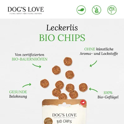 Dog's Love Bio Chips Leckerlis aus 100% Bio-Geflügel, gesunde Belohnung, von zertifizierten Bio-Bauernhöfen, ohne künstliche Aroma- und Lockstoffe.