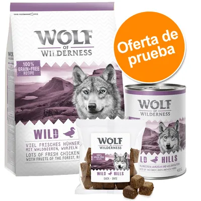 Wolf of Wilderness Wild Hills, comida para perros. Oferta de prueba. 100% grain-free recipe. Lots of fresh chicken with fruits of the forest, roots and wild herbs. Duck – Ente. Lata 400 g.