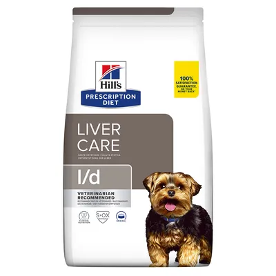 Hill's Prescription Diet Liver Care l/d hondenvoer, 100% satisfaction guarantee, afbeelding van kleine hond op de verpakking. Veterinarian recommended staat zichtbaar vermeld.