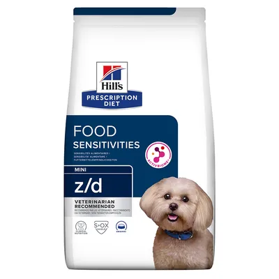 Hill's Prescription Diet Food Sensitivities Mini z/d, raccomandato dai veterinari, con simbolo ActivBiome e icone Clinical Nutrition, S+OX Shield, Original visibili sulla confezione.
