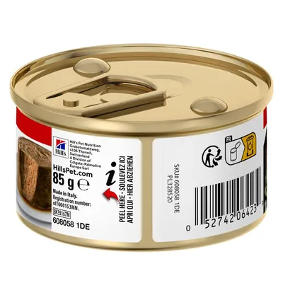 Boîte Hill's 85 g, instructions « Soulevez ici », code-barres, pictogrammes de recyclage, texte en anglais et français, site Hillspet.com visible sur l’étiquette.