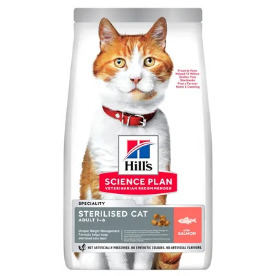 Hill's Science Plan Sterilised Cat Adult 1–6 met zalm, verpakking toont oranje-witte kat en tekst: 'Unique Weight Management Formula helps keep sterilised cats lean', zonder kunstmatige toevoegingen.