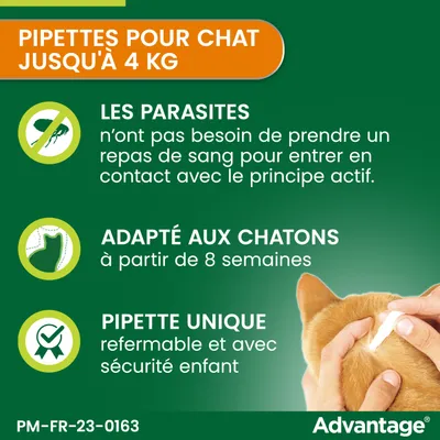 PIPETTES POUR CHAT JUSQU'À 4 KG. Les parasites n’ont pas besoin de repas de sang pour agir. Adapté aux chatons dès 8 semaines. Pipette unique refermable avec sécurité enfant. Advantage.