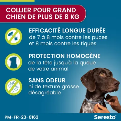 Collier pour grand chien de plus de 8 kg Seresto. Efficacité longue durée : 7–8 mois contre les puces, 8 mois contre les tiques. Protection homogène. Sans odeur ni texture grasse.
