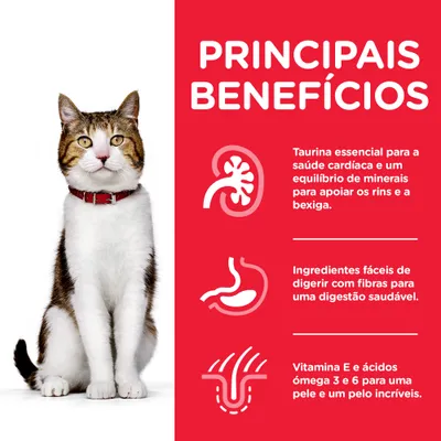 PRINCIPAIS BENEFÍCIOS: Taurina essencial para a saúde cardíaca e rins; ingredientes fáceis de digerir com fibras; vitamina E e ómega 3 e 6 para pele e pelo. Texto em português.