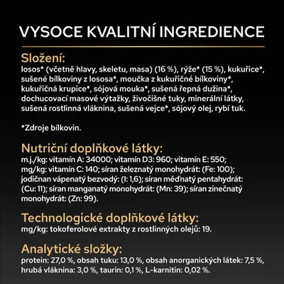 Prísady: losos 16 %, ryža 15 %, kukurica, sójová múka, repné rezky, živočíšne tuky, minerálne látky. Analytické zložky: bielkoviny 27 %, tuk 13 %, hrubá vláknina 3 %. Prísady: losos 16 %, ryža 15 %, kukurica, sójová múka, repné rezky, živočíšne tuky, minerálne látky. Analytické zložky: bielkoviny 27 %, tuk 13 %, hrubá vláknina 3 %.