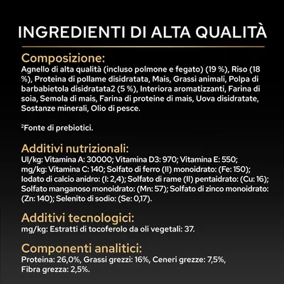Componenti: agnello, riso, proteine di pollame, mais, grassi animali, residui di barbabietola rossa, farina di soia, minerali, olio di pesce. Vitamine A, D3, E, C e oligoelementi. Proteine: 26%, grassi: 16%.
