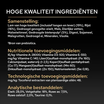 Samenstelling, voedingsadditieven en analyse: Lam, rijst, gevogelteeiwit, vitamines A, D3, E, C, mineralen, tocoferol, eiwit 28%, vetgehalte 18%, ruwe as 7,5%. Samenstelling, voedingsadditieven en analyse: Lam, rijst, gevogelteeiwit, vitamines A, D3, E, C, mineralen, tocoferol, eiwit 28%, vetgehalte 18%, ruwe as 7,5%.