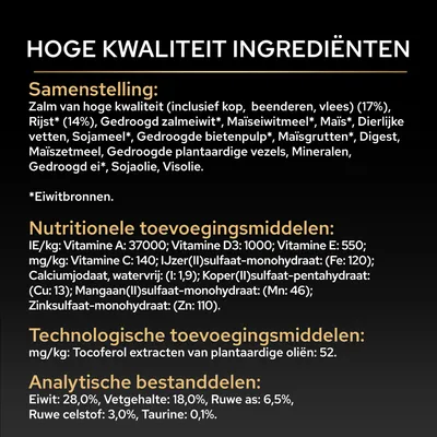 Samenstelling: zalm, rijst, sojameel, maïs, vitamine A, D3, E, C, ijzer, koper, mangaan, zink, tocoferol, eiwit 28%, vet 18%, ruwe as 6,5%, ruwe vezel 3%, taurine 0,1%. Samenstelling: zalm, rijst, sojameel, maïs, vitamine A, D3, E, C, ijzer, koper, mangaan, zink, tocoferol, eiwit 28%, vet 18%, ruwe as 6,5%, ruwe vezel 3%, taurine 0,1%.