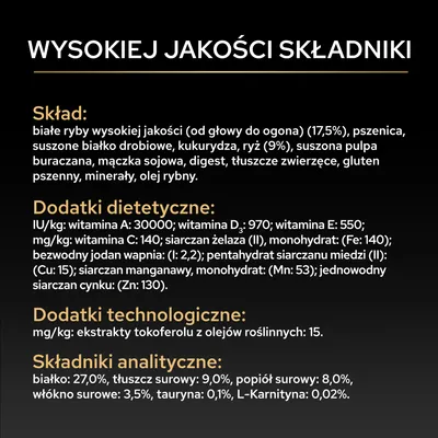 Skład: białe ryby, pszenica, białko drobiowe, kukurydza, ryż, wysłodki buraczane, mączka sojowa, tłuszcze pochodzenia zwierzęcego, olej rybi. Składniki analityczne: białko 27%, tłuszcz 9%, popiół surowy 8%.