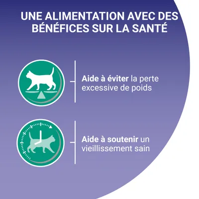 UNE ALIMENTATION AVEC DES BÉNÉFICES SUR LA SANTÉ. Aide à éviter la perte excessive de poids. Aide à soutenir un vieillissement sain. Tekst på fransk.