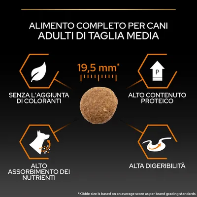 Alimento completo per cani adulti di taglia media, crocchetta 19,5 mm, senza l'aggiunta di coloranti, alto contenuto proteico, alto assorbimento dei nutrienti, alta digeribilità.
