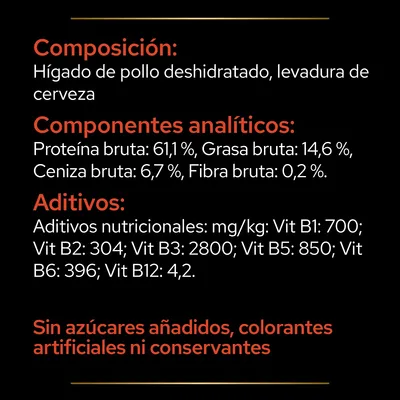 Composición: hígado de pollo deshidratado, levadura de cerveza. Proteína bruta 61,1 %, grasa 14,6 %, ceniza 6,7 %, fibra 0,2 %. Vitaminas B1, B2, B3, B5, B6, B12. Sin azúcares añadidos ni colorantes.