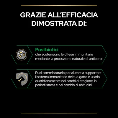 Grazie all’efficacia dimostrata di: Postbiotici che sostengono le difese immunitarie mediante la produzione naturale di anticorpi. Puoi somministrarlo per aiutare il sistema immunitario del tuo gatto.