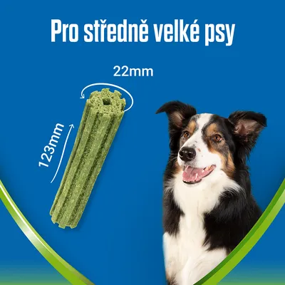 Žvýkací pamlsek pro středně velké psy, délka 123 mm, průměr 22 mm. Vedle pamlsku je vyobrazen pes.
