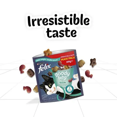 Felix goody bag seaside flavour, irresistible taste, maxi pack 200g, same weight smaller pouch, 2 kcal per treat. Treats shown spilling from the pouch.