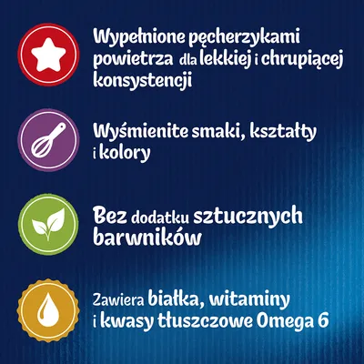 Wypełnione pęcherzykami powietrza, wyśmienite smaki, kształty i kolory, bez dodatku sztucznych barwników, zawiera białka, witaminy i kwasy tłuszczowe Omega 6.