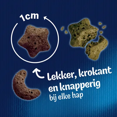 Afbeelding van brokjes, één met diameter 1 cm. Tekst: 'Lekker, krokant en knapperig bij elke hap'.