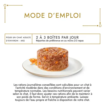 Mode d’emploi : pour un chat adulte d’environ 4 kg, 2 à 3 boîtes par jour, réparties de préférence en au moins 2–3 repas. Servir à température ambiante, eau fraîche toujours disponible.