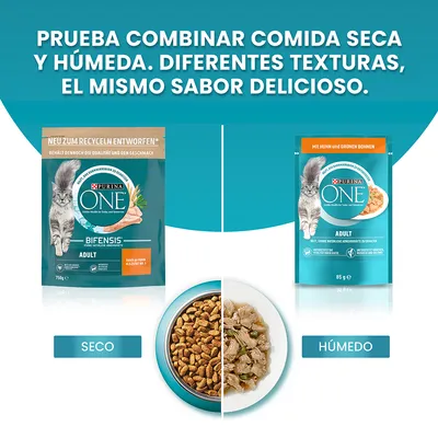 Comida para gatos Purina ONE Bifensis Adult seco 750 g y húmedo 85 g, con imágenes de ambos formatos y texto: 'Prueba combinar comida seca y húmeda. Diferentes texturas, el mismo sabor delicioso.'