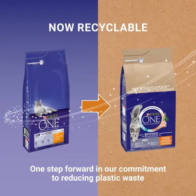Image showing old and new packaging for Purina One, highlighting that the product is now recyclable and made with recycled plastic to help reduce plastic waste.