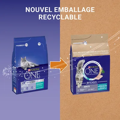 Συσκευασίες Purina ONE Bifensis ADULTE γάτας πριν και μετά, με ένδειξη 'NOUVEL EMBALLAGE RECYCLABLE' στα γαλλικά για νέα ανακυκλώσιμη συσκευασία.