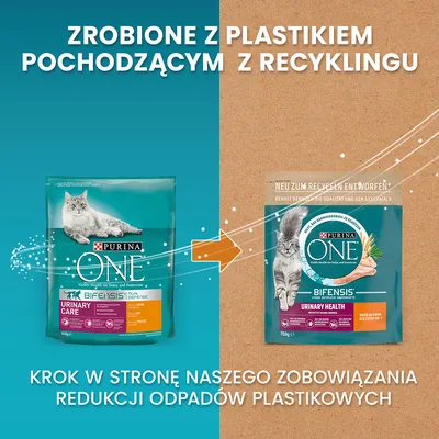 Zrobione z plastikiem pochodzącym z recyklingu. Purina ONE Bifensis Urinary Care/Urinary Health – zmiana opakowania, krok w stronę redukcji odpadów plastikowych.