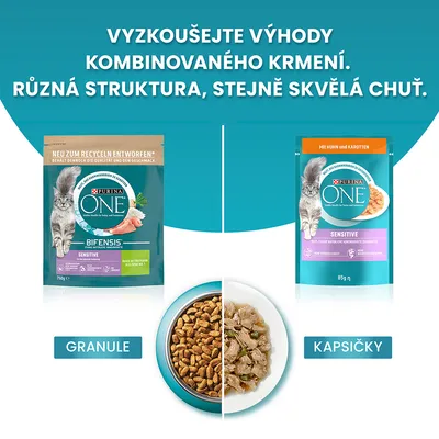 Purina ONE Bifensis Sensitive pre mačky: balenie granúl 750 g a kapsička 85 g, miska s granulami a mäsom. Text: Granule, kapsičky.