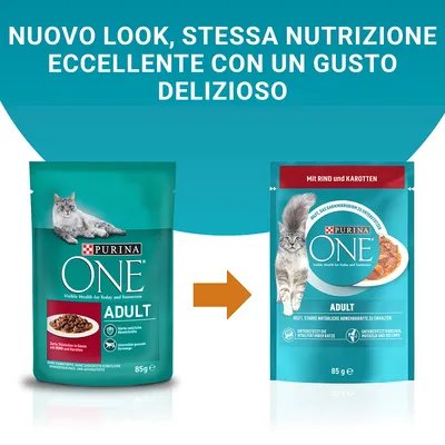 Nuovo look, stessa nutrizione eccellente con un gusto delizioso. Due confezioni di Purina ONE Adult 85 g per gatti, una vecchia e una nuova versione.