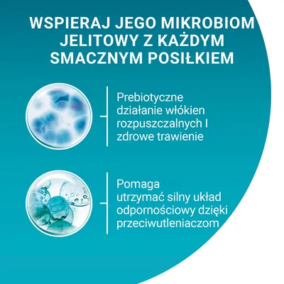 Wspieraj jego mikrobiom jelitowy z każdym smacznym posiłkiem. Prebiotyczne działanie włókien rozpuszczalnych i zdrowe trawienie. Pomaga utrzymać silny układ odpornościowy dzięki przeciwutleniaczom.