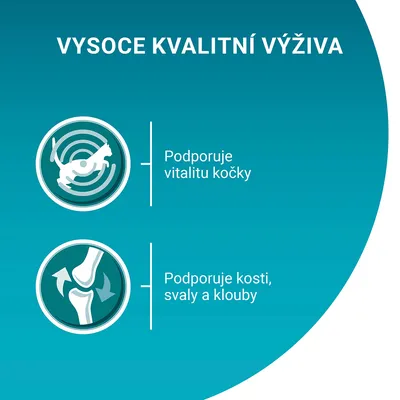 VYSOCE KVALITNÍ VÝŽIVA. Podporuje vitalitu kočky. Podporuje kosti, svaly a klouby. Text v češtine.